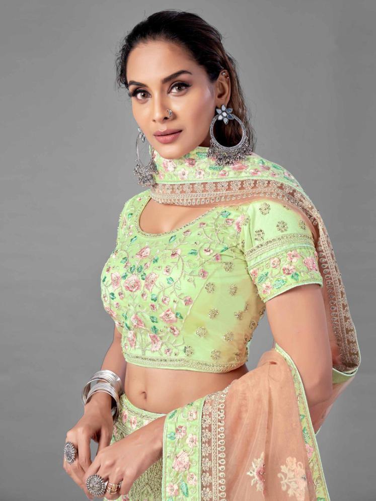    Pista Green Dori Work Net Lehenga Set - Glamou  al