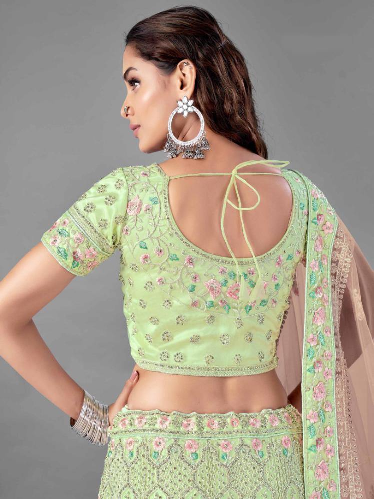    Pista Green Dori Work Net Lehenga Set - Glamou  al