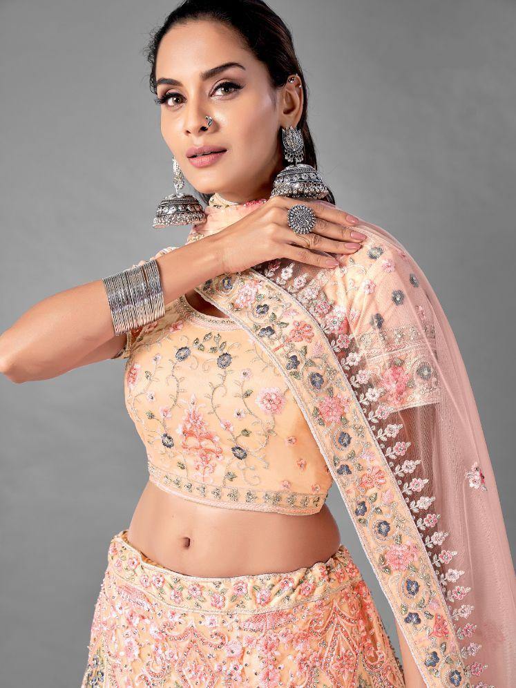 Peach Dori Work Net Lehenga Set -    - Glamou  al