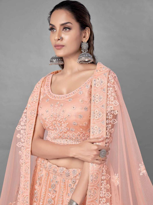    Peach Dori Work Net Lehenga Set - Glamou  al