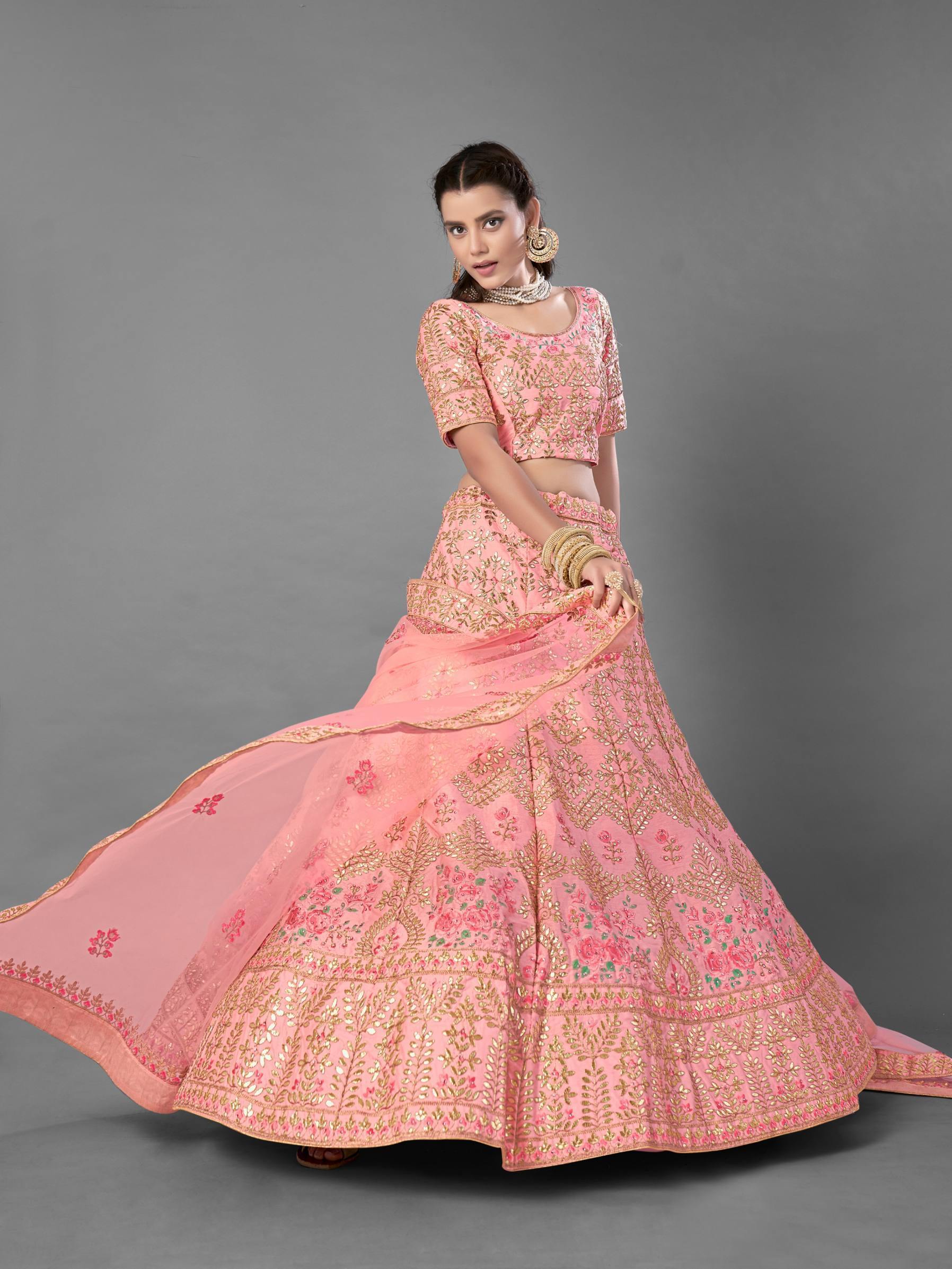 Peach Art Silk Soft Net Lehenga Set -    - Glamou  al