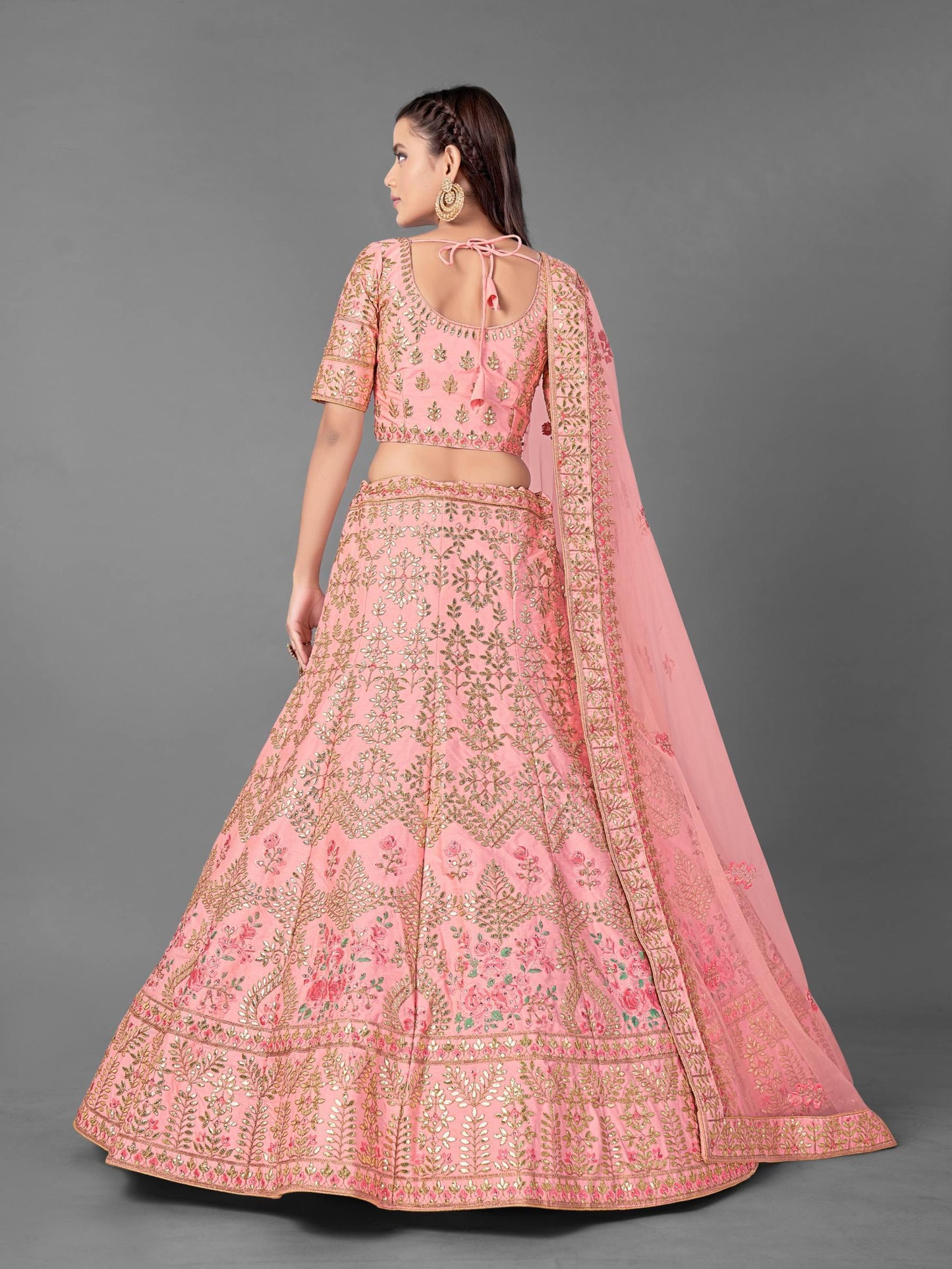 Peach Art Silk Soft Net Lehenga Set -    - Glamou  al