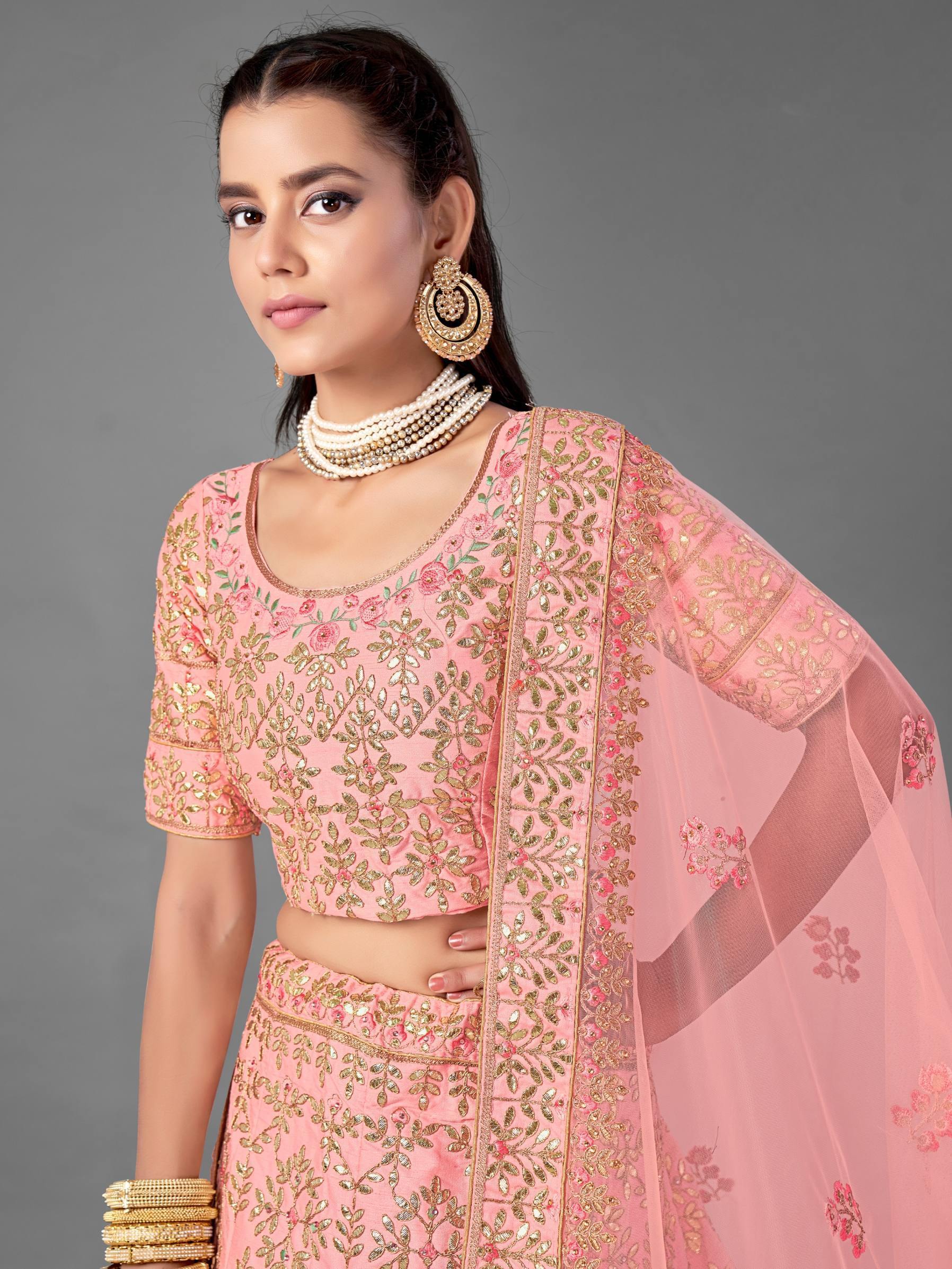 Peach Art Silk Soft Net Lehenga Set -    - Glamou  al