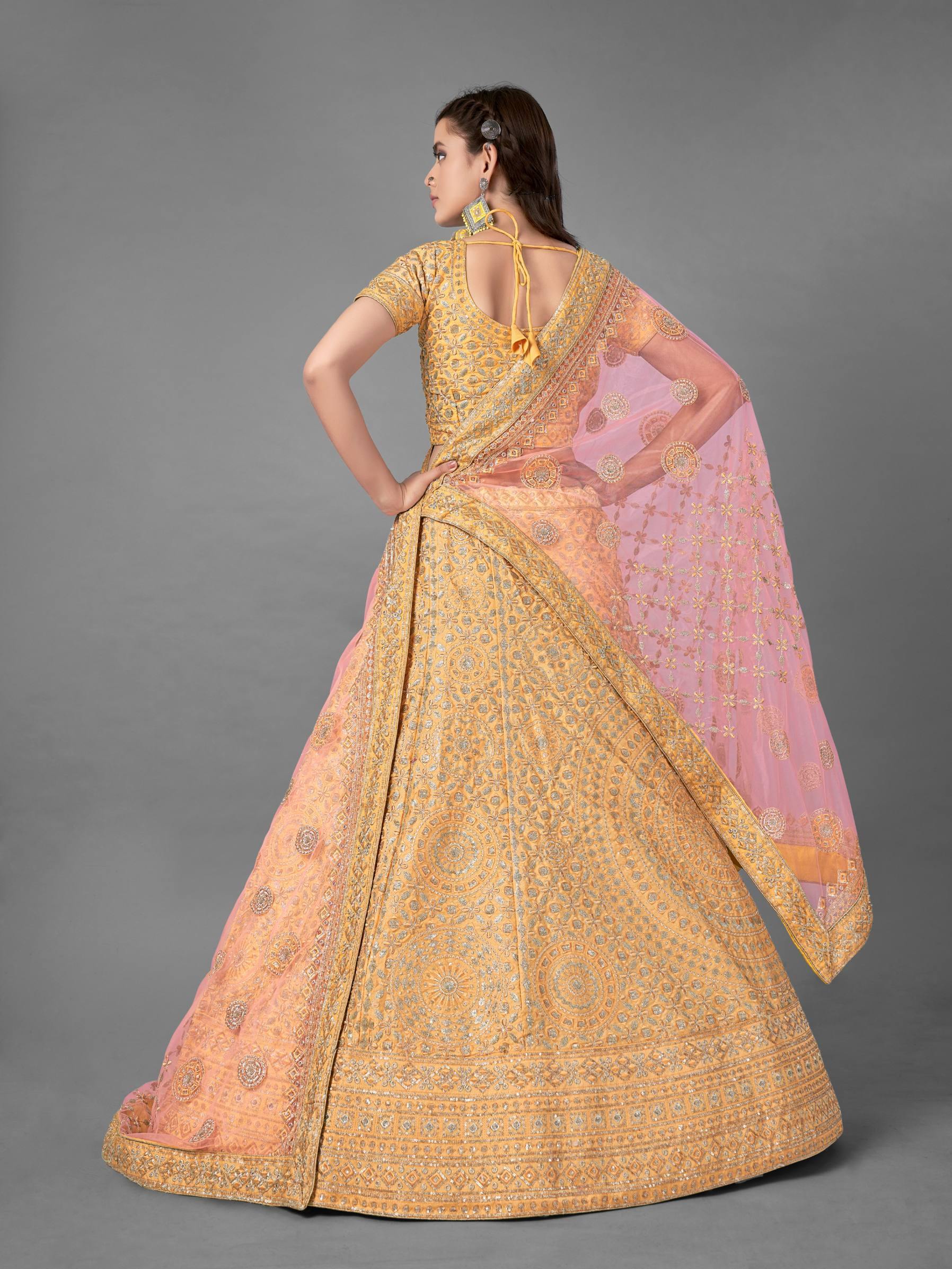 Yellow Art Silk Soft Net Lehenga Set -    - Glamou  al