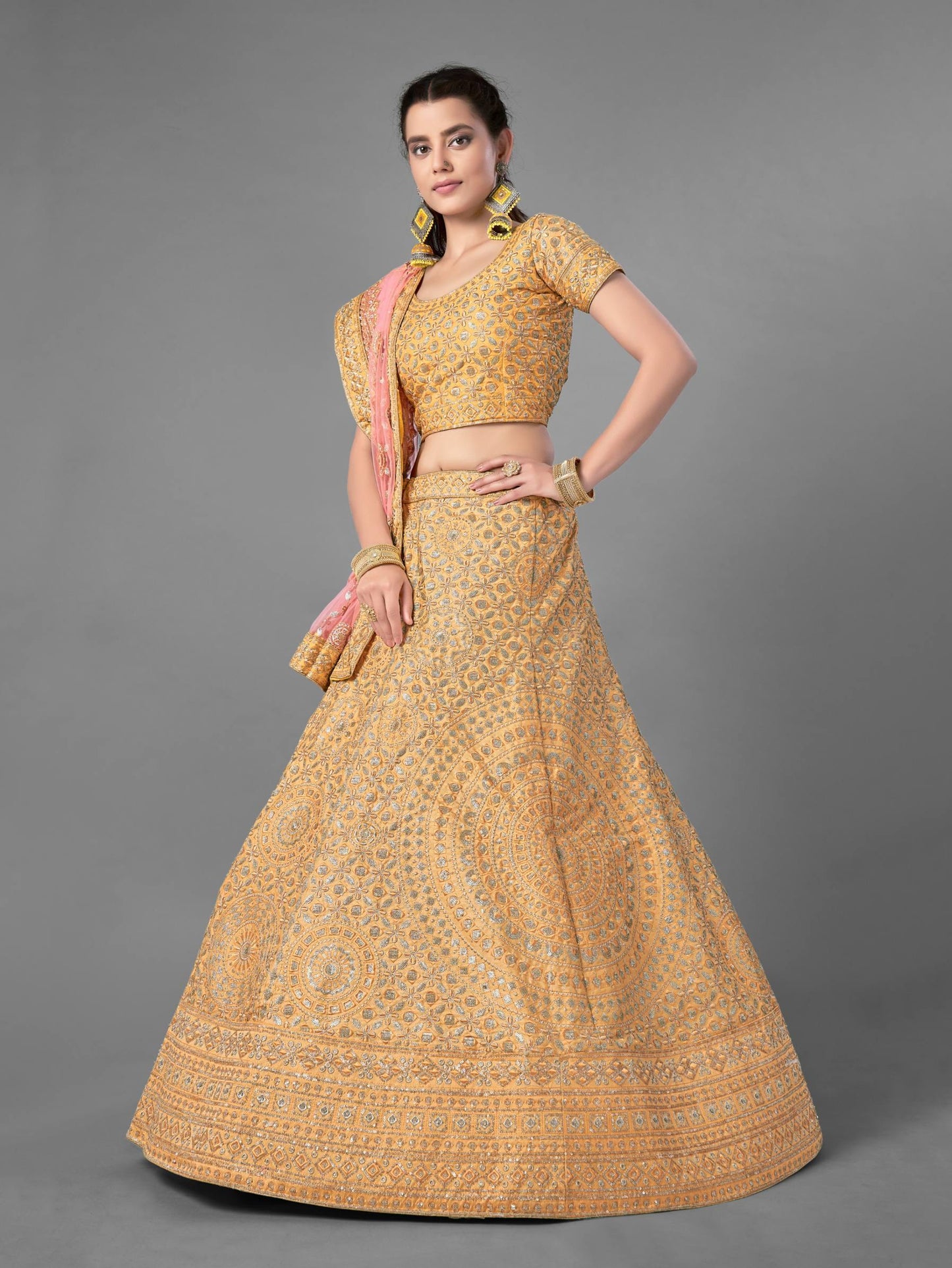 Yellow Art Silk Soft Net Lehenga Set -    - Glamou  al