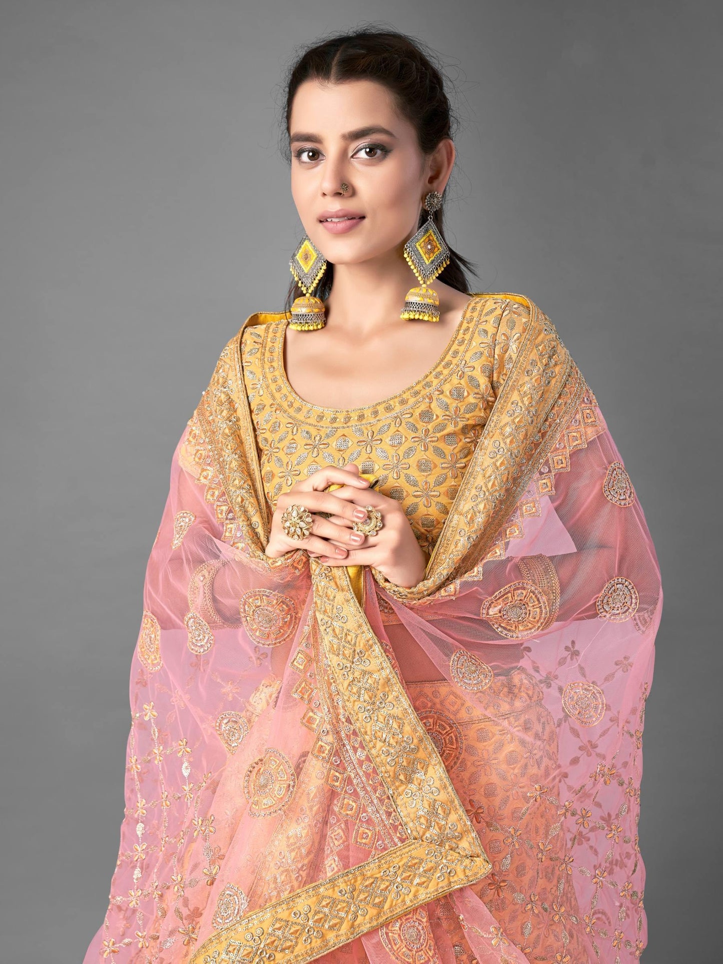 Yellow Art Silk Soft Net Lehenga Set -    - Glamou  al