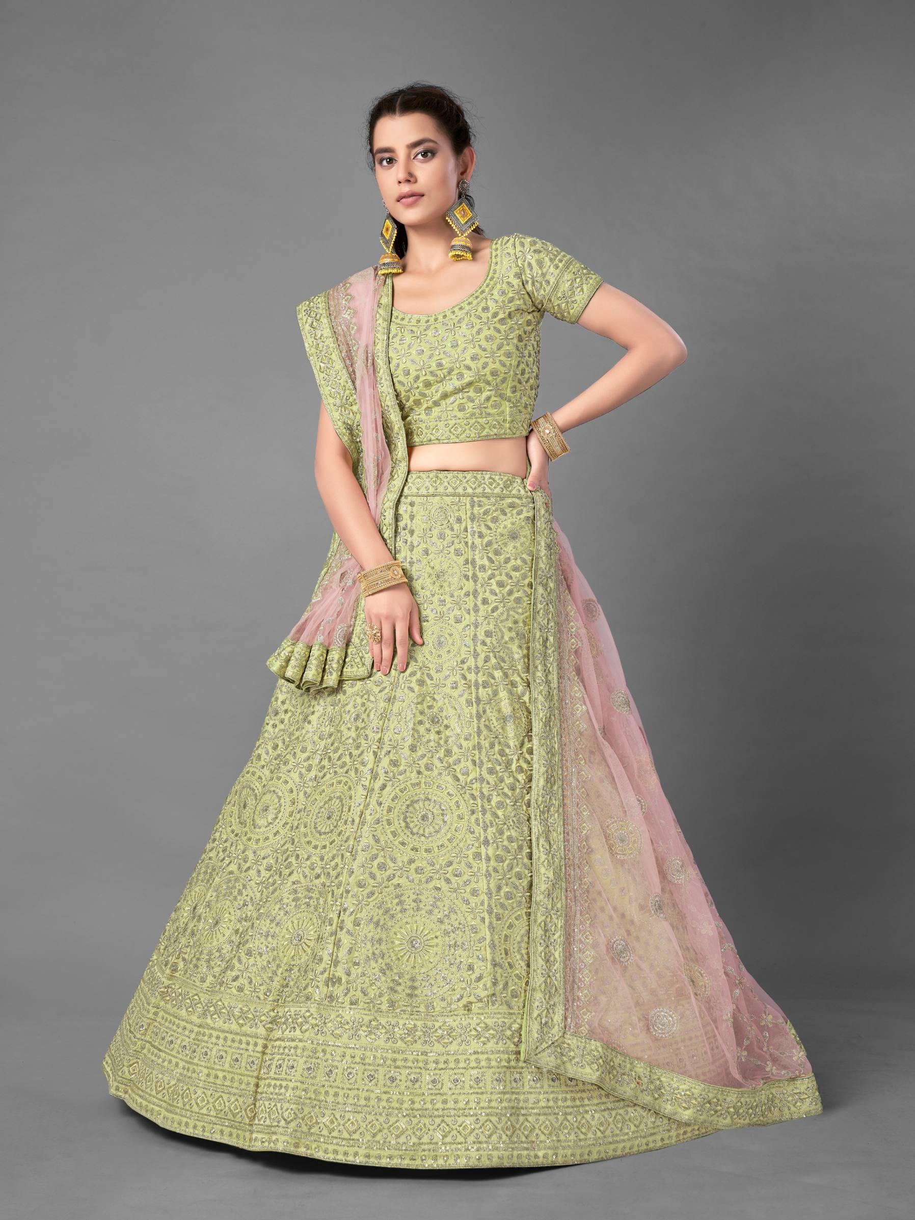    Pista Green Art Silk Soft Net Bridal Wear Lehenga Set - Glamou  al