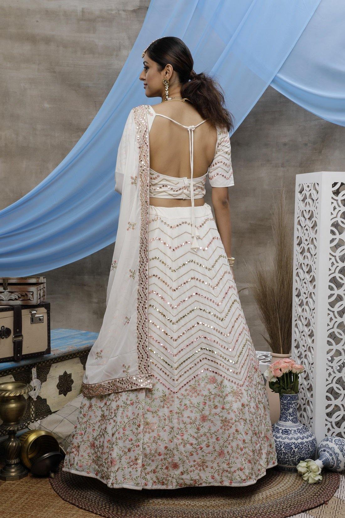 White Thread, Sequence And Gota Patti Embroidered Georgette