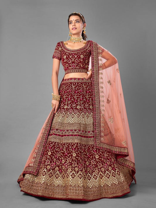 Maroon Velvet Partywear Lehenga Set