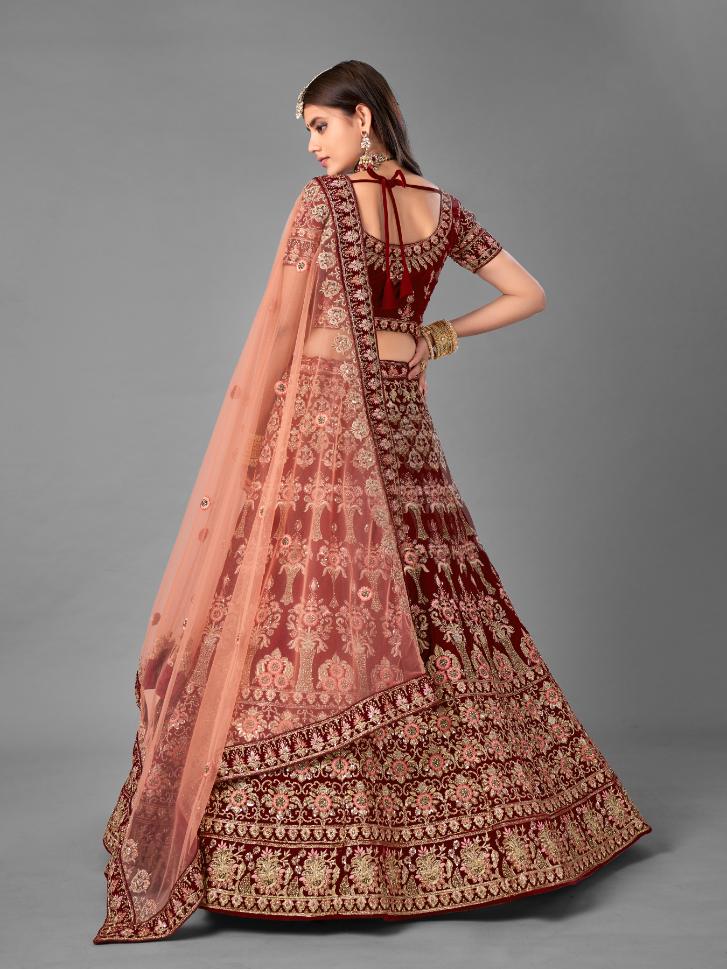 Maroon Velvet Embroidered Lehenga Set