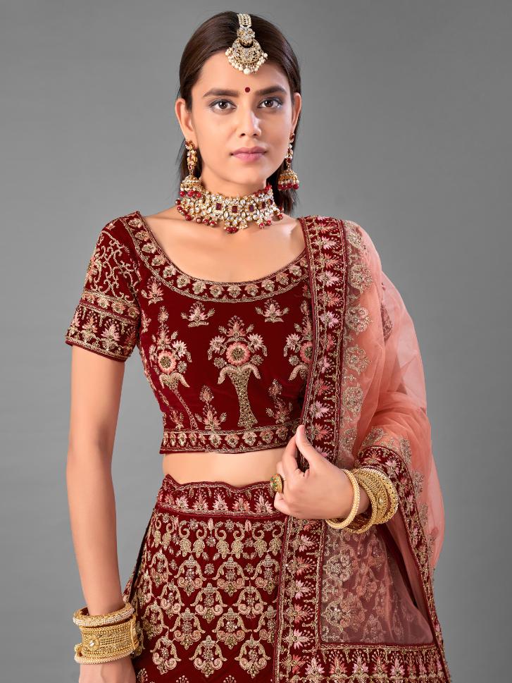 Maroon Velvet Embroidered Lehenga Set