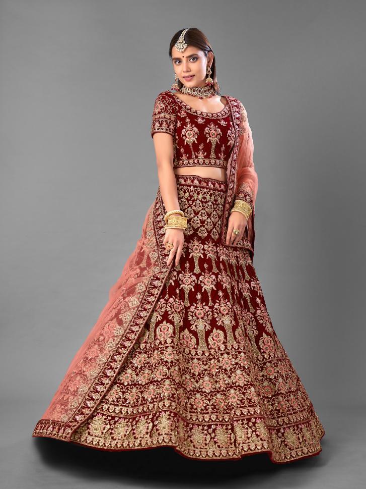 Maroon Velvet Embroidered Lehenga Set