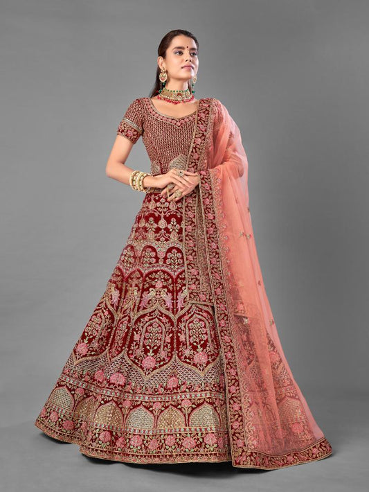 Maroon Velvet Heavy Bridal Lehenga