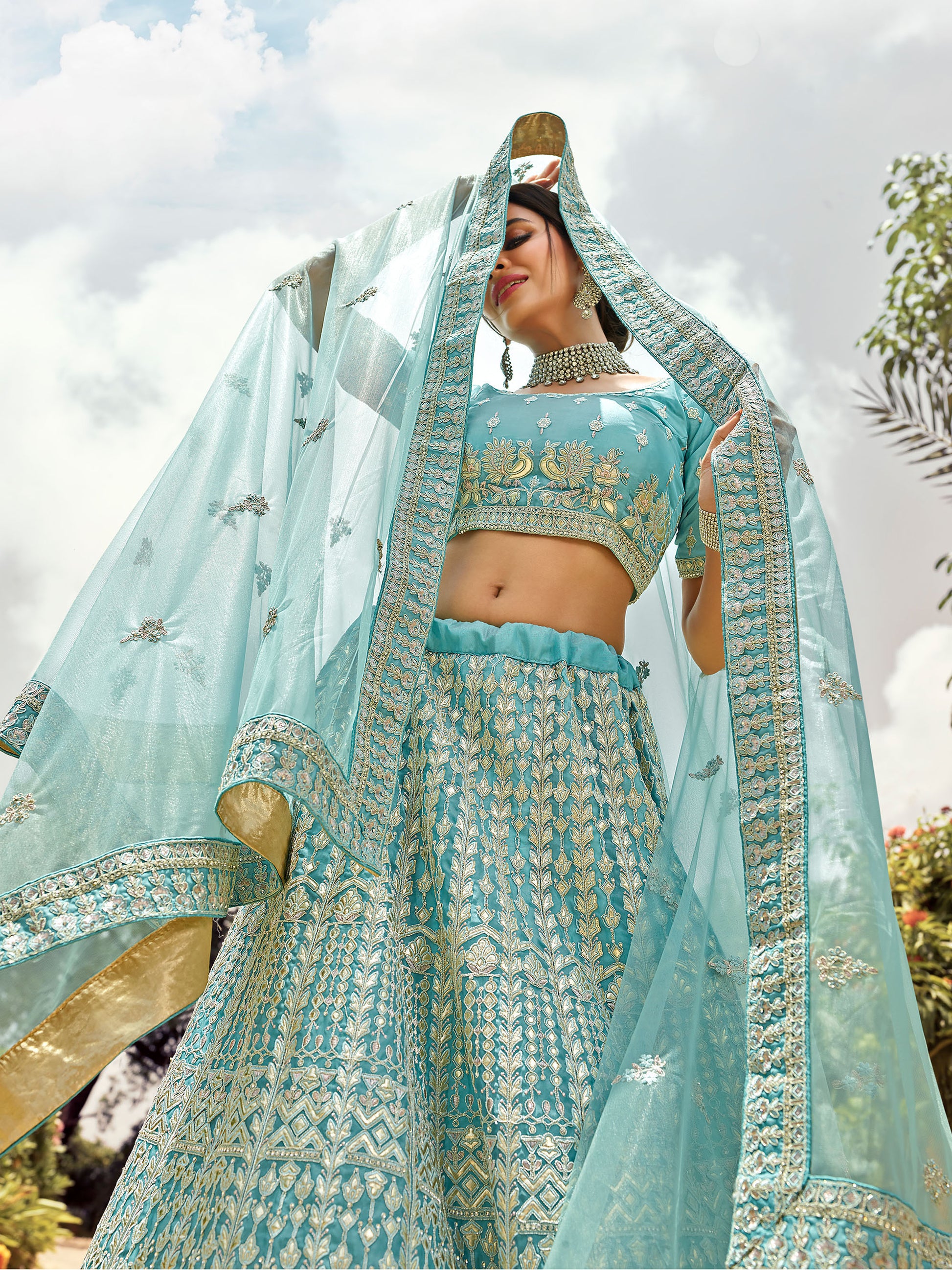 Bluish Green Organza Zarkan Embroidery Lehenga DT7101