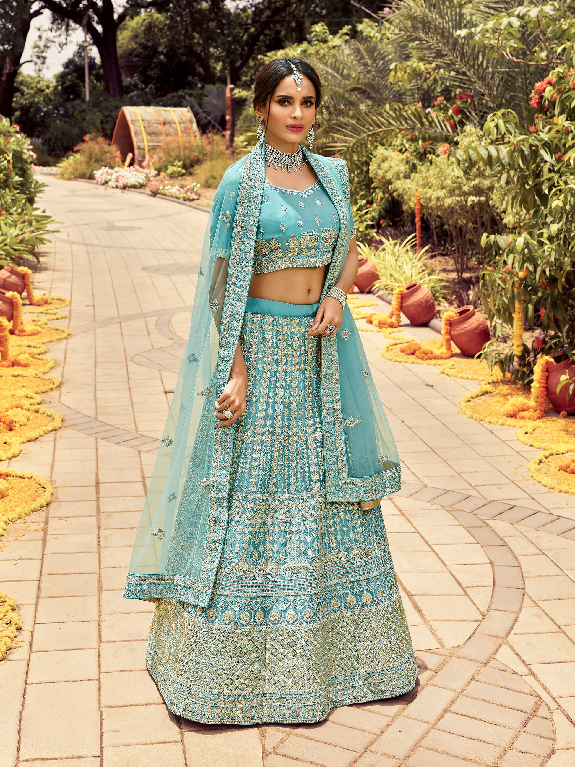 Bluish Green Organza Zarkan Embroidery Lehenga DT7101