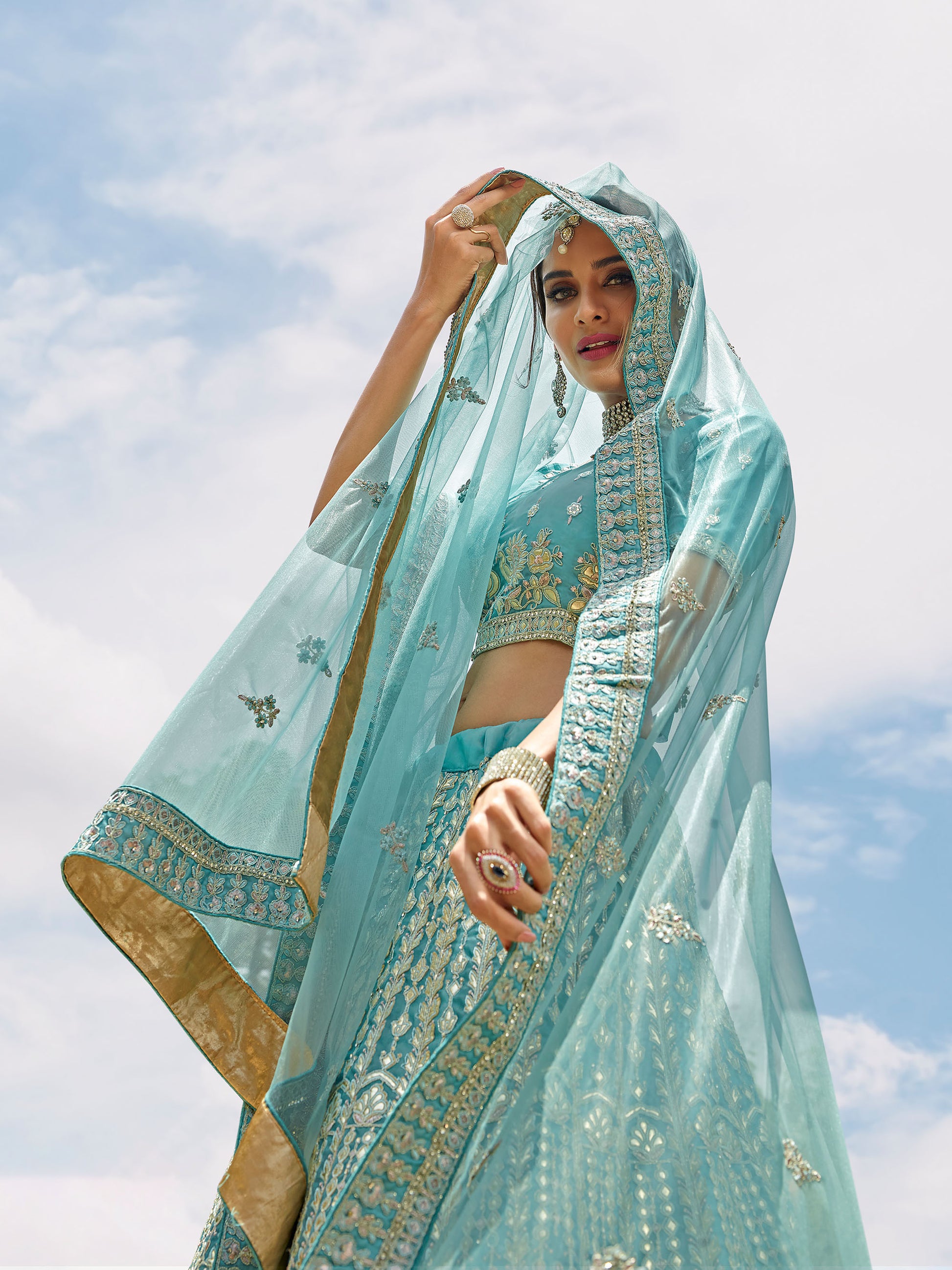 Bluish Green Organza Zarkan Embroidery Lehenga DT7101