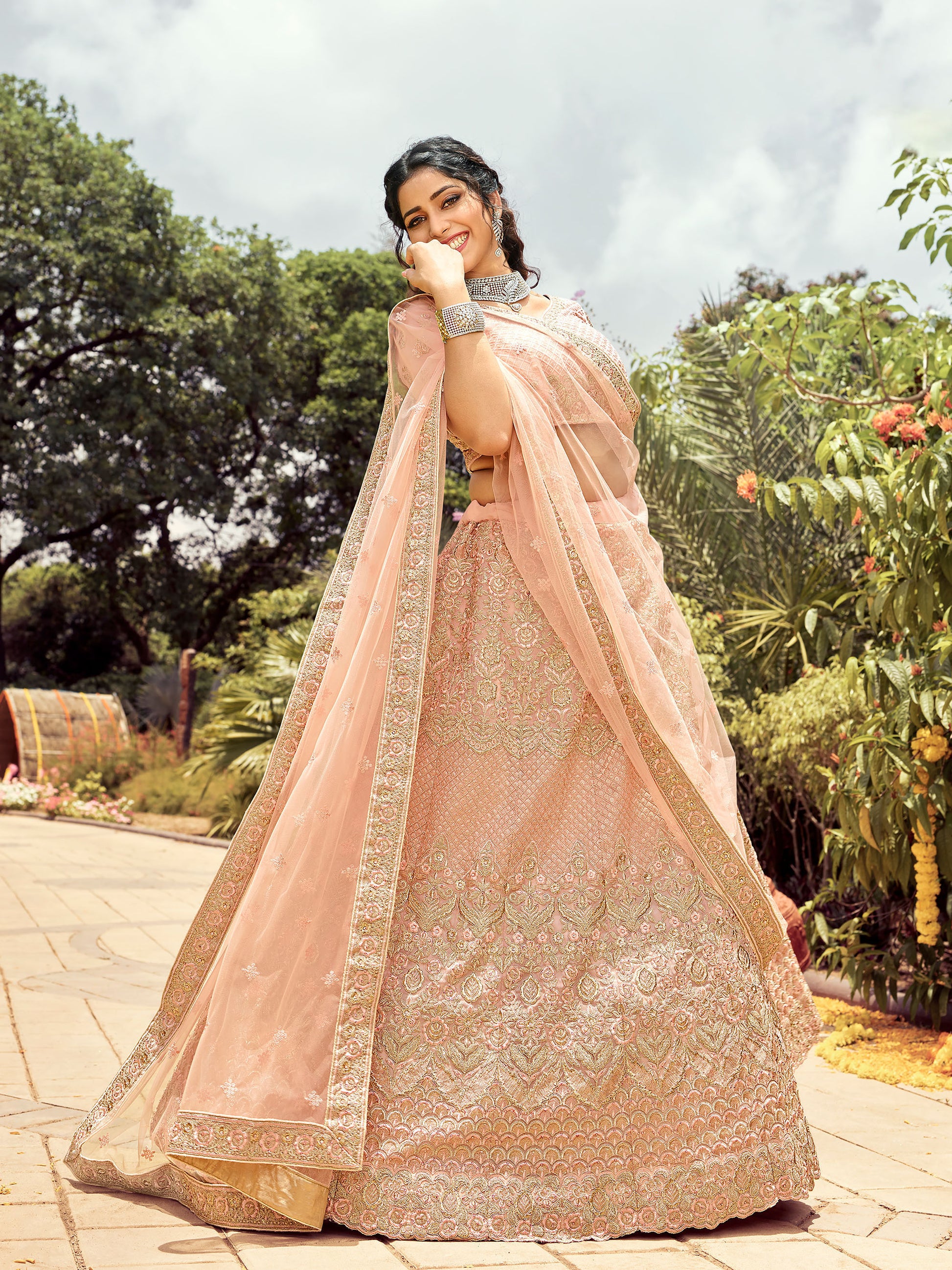 Peach Organza Zari Embroidery Lehenga for Sangeet DT7102