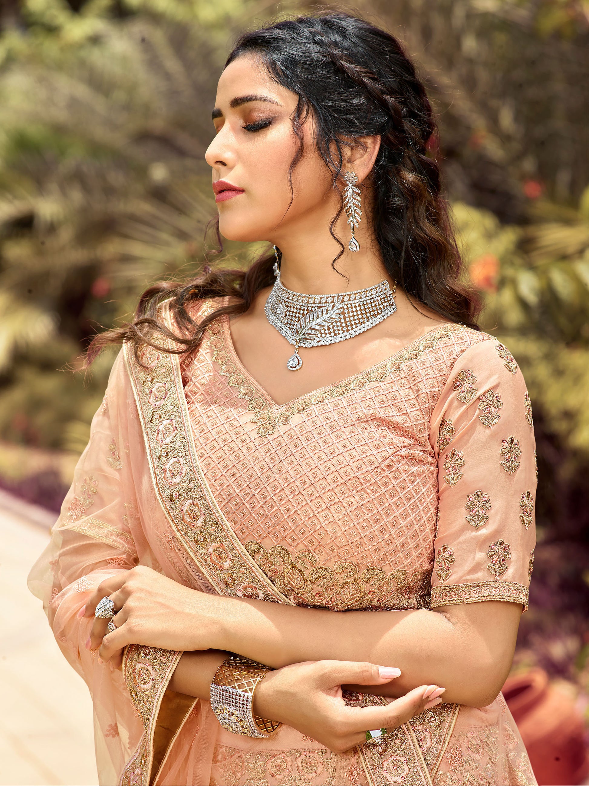 Peach Organza Zari Embroidery Lehenga for Sangeet DT7102