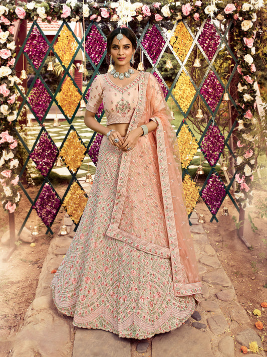 Peach Crepe Zarkan Embroidery Lehenga