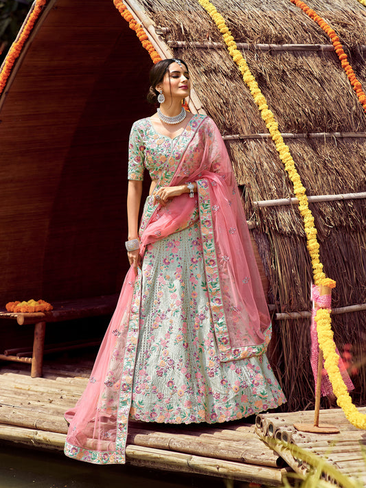 Green Satin Swarovski Embroidery Lehenga for Mehendi DT7107