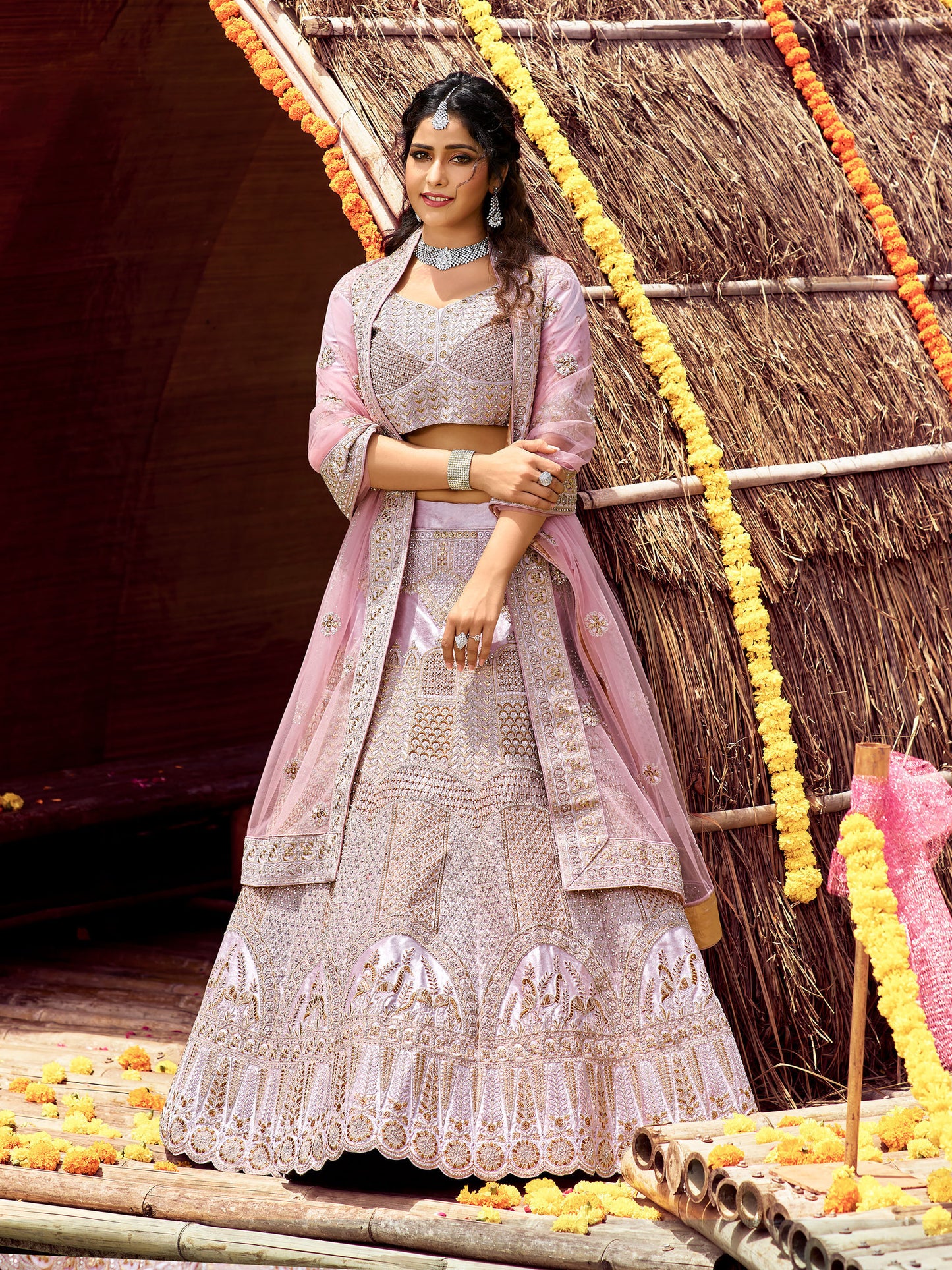 Pink Velvet Zarkan Embroidery Lehenga