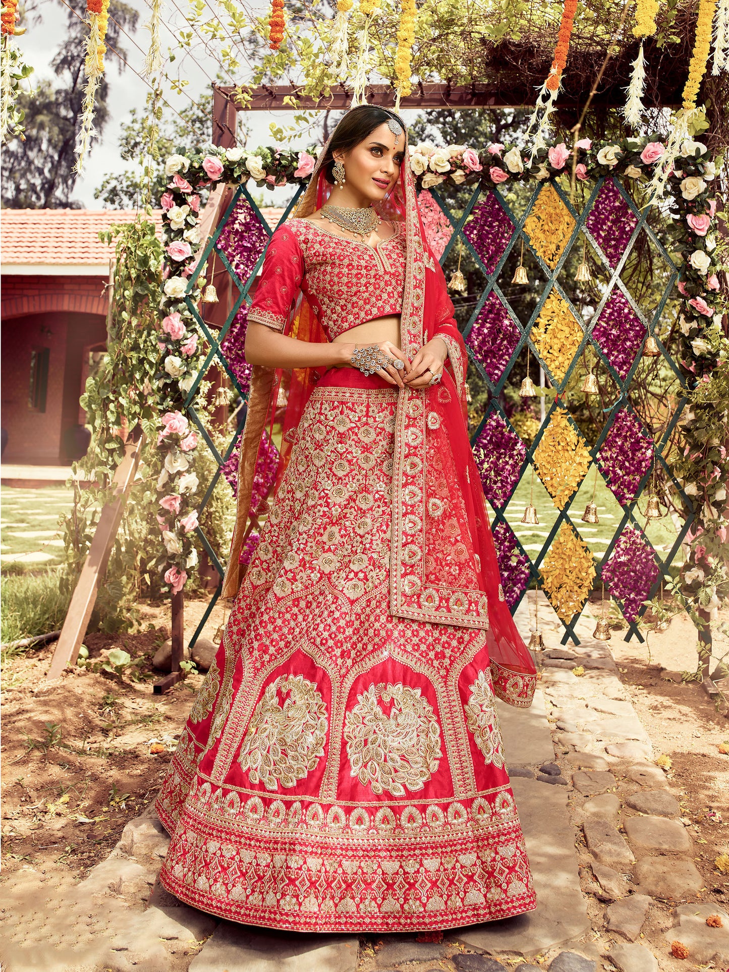 Red Raw Silk Zarkan Embroidery Bridal Lehenga