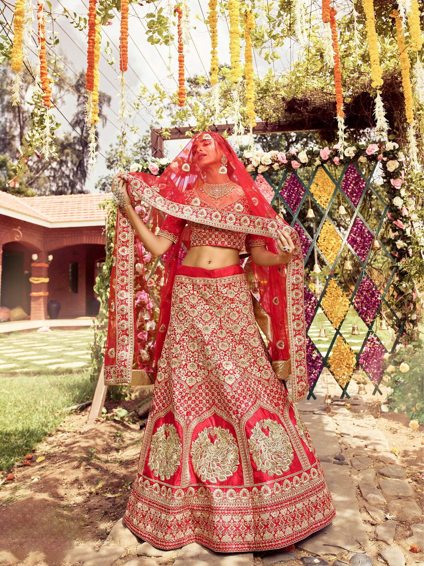 Red Raw Silk Zarkan Embroidery Bridal Lehenga