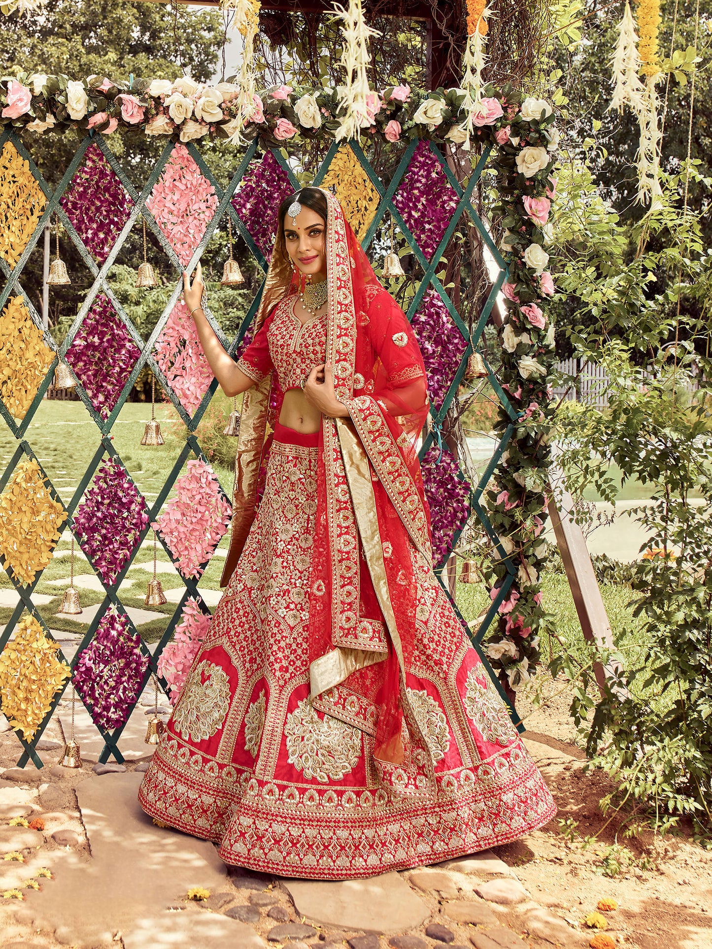 Red Raw Silk Zarkan Embroidery Bridal Lehenga