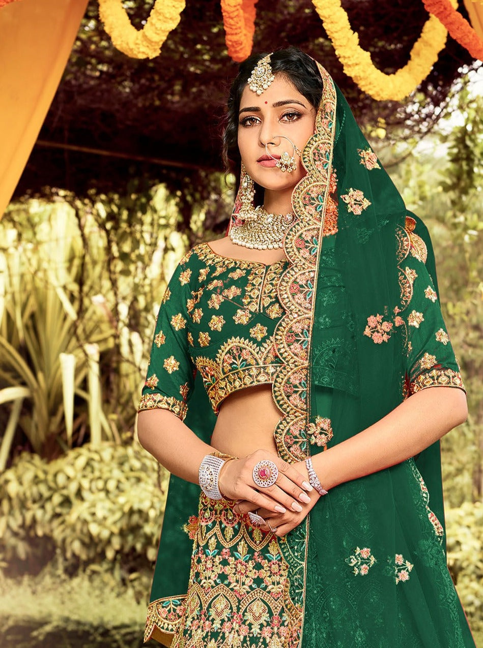 Vintage Royal Green Bridal Wear Lehenga Choli In Silk SFIN226 –  ShreeFashionWear