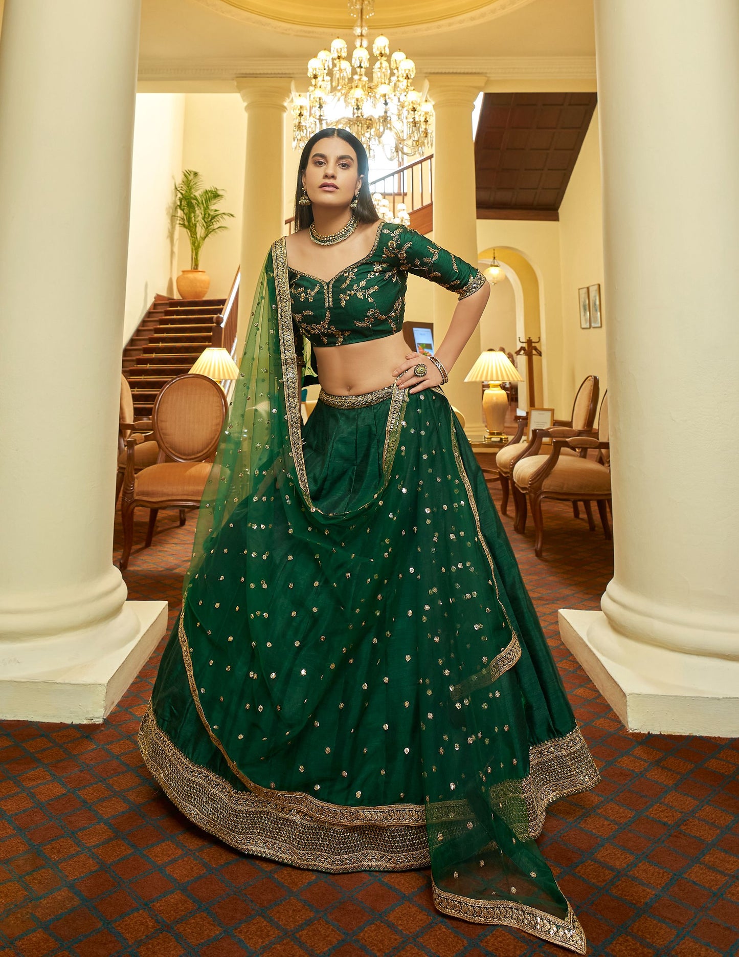 Green Art Silk Soft Net Lehenga Set