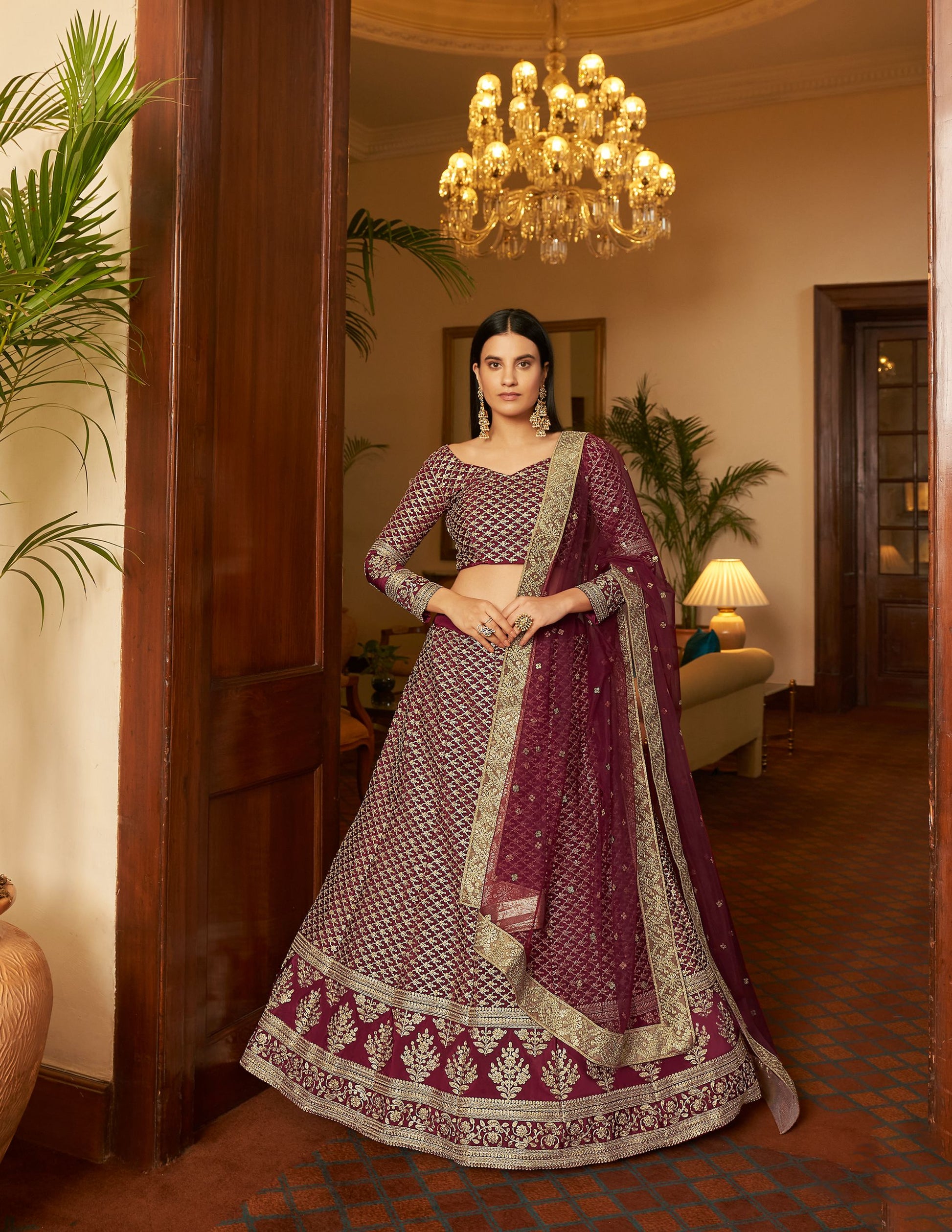 Maroon Crepe Bridal Wear Lehenga