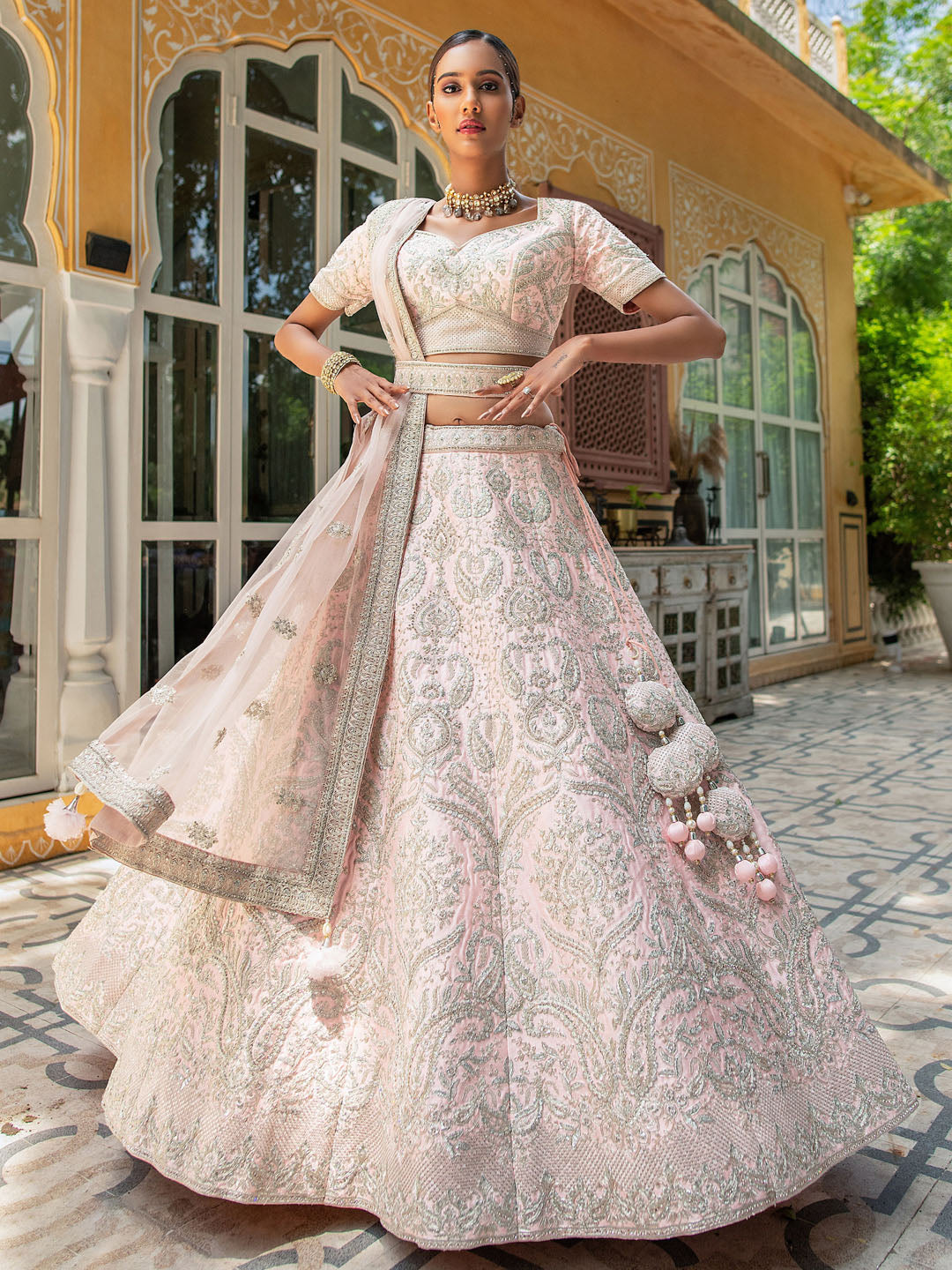 Peach Net  Heavy Thread Embroidery Bridal Lehenga AN77290