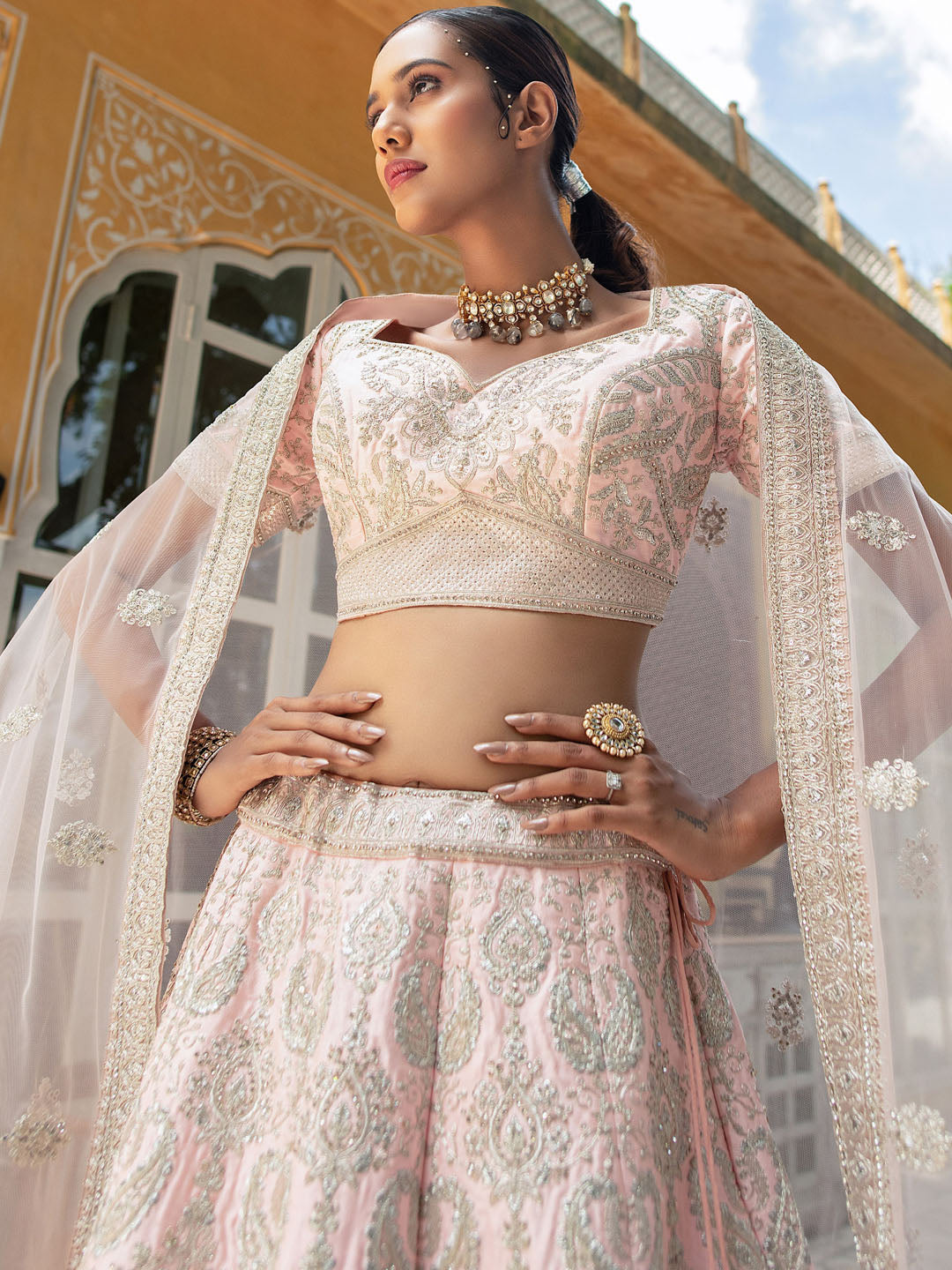 Peach Net  Heavy Thread Embroidery Bridal Lehenga AN77290