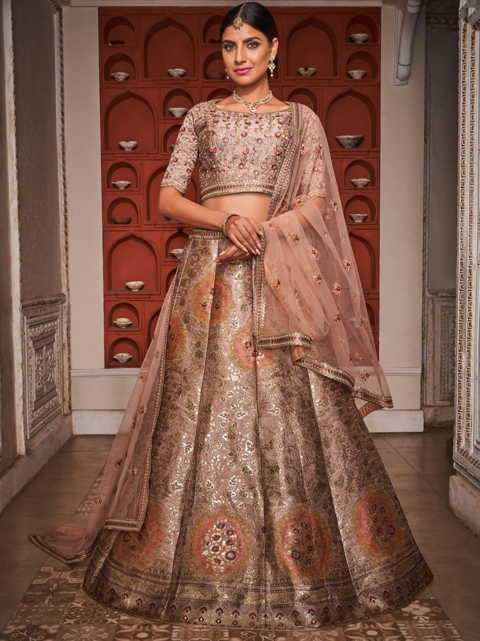 Peach Color Banaras Silk Lehenga - Rent