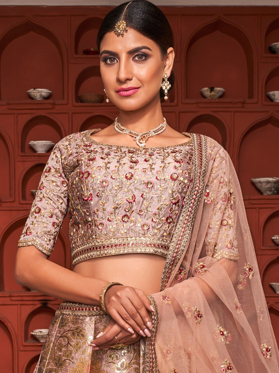 Wonderful Peach Banarasi Silk Lehenga for Sangeet