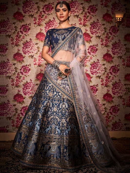 Navy Blue Banarasi Silk Lehenga Set