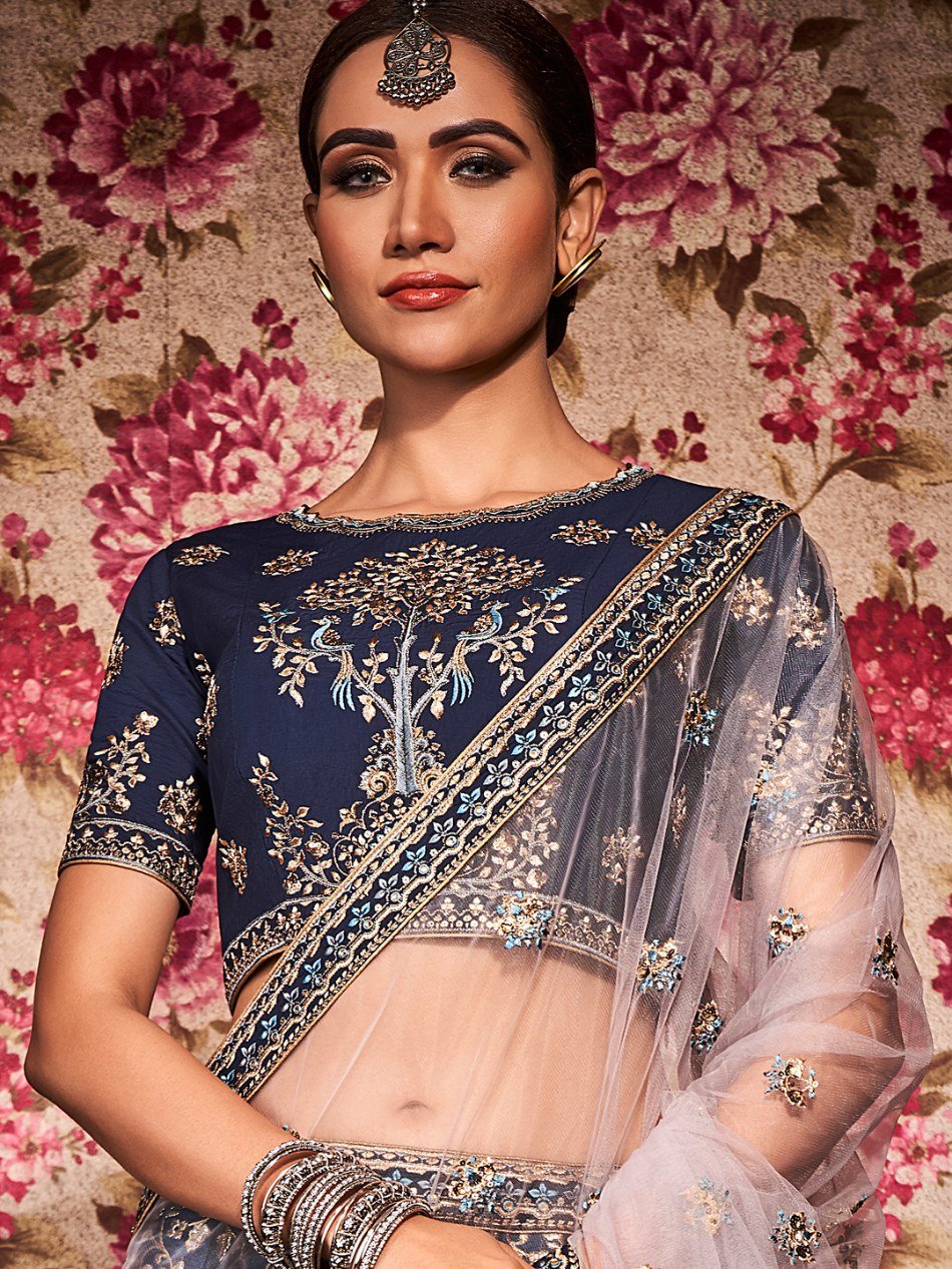 Navy Blue Banarasi Silk Lehenga Set