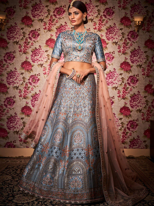 Grey Color Banaras Silk Lehenga - Rent