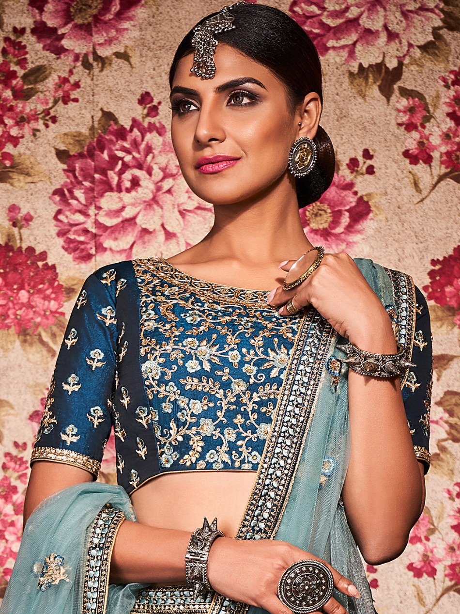 Beauteous Navy Blue Heavy Embroidered Banaras Silk Lehenga