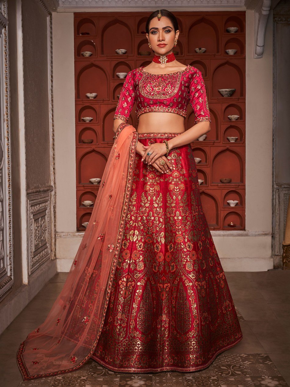 Maroon Banaras Silk Lehenga Choli - Rent