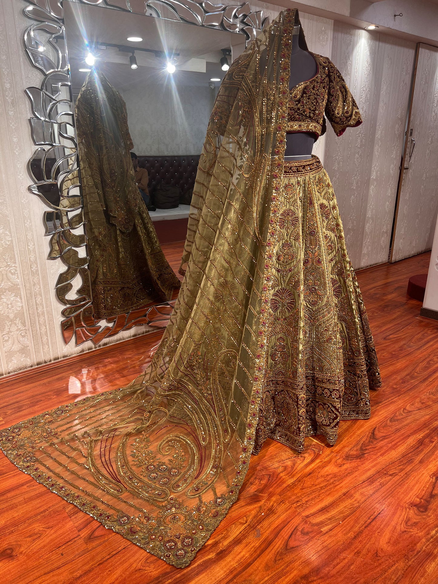 Designer Mehendi Brocade Hand Embroidered Dilbaug Bridal Lehenga