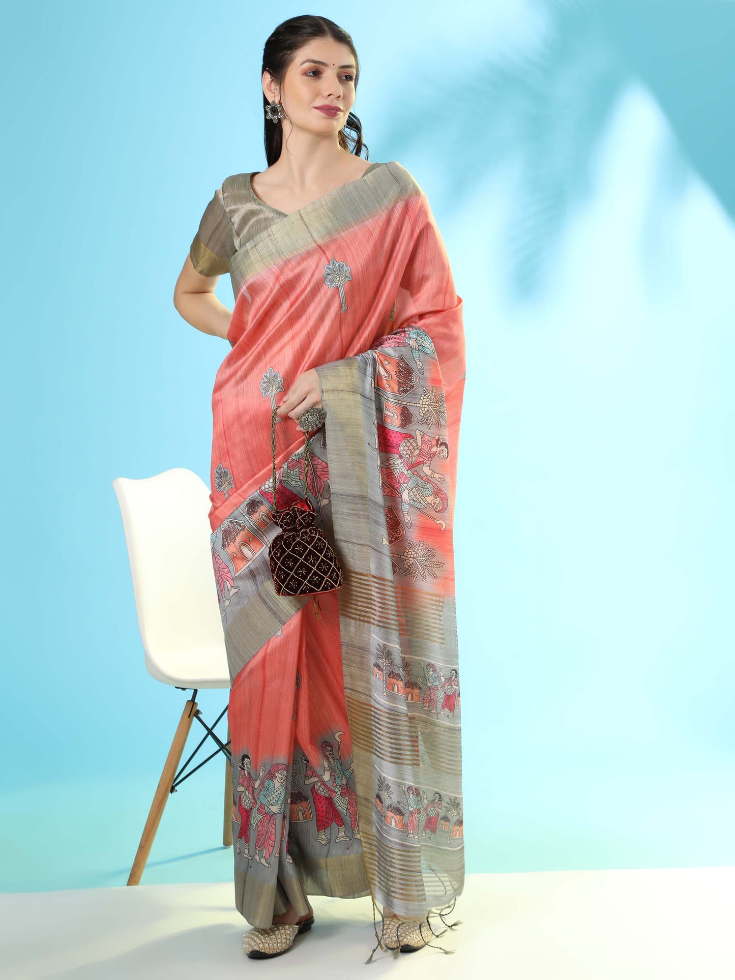 Gajri Kalamkari print Soft Tussar Silk Saree with Beige coloured Blouse