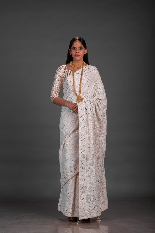 Cream Heavy Chikankari Saree With Mukaish for Brides Mother