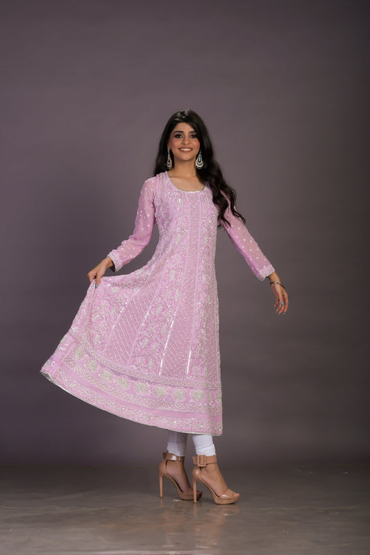 Purple Georgette Anarkali with White Sequins, Japanese Pearls