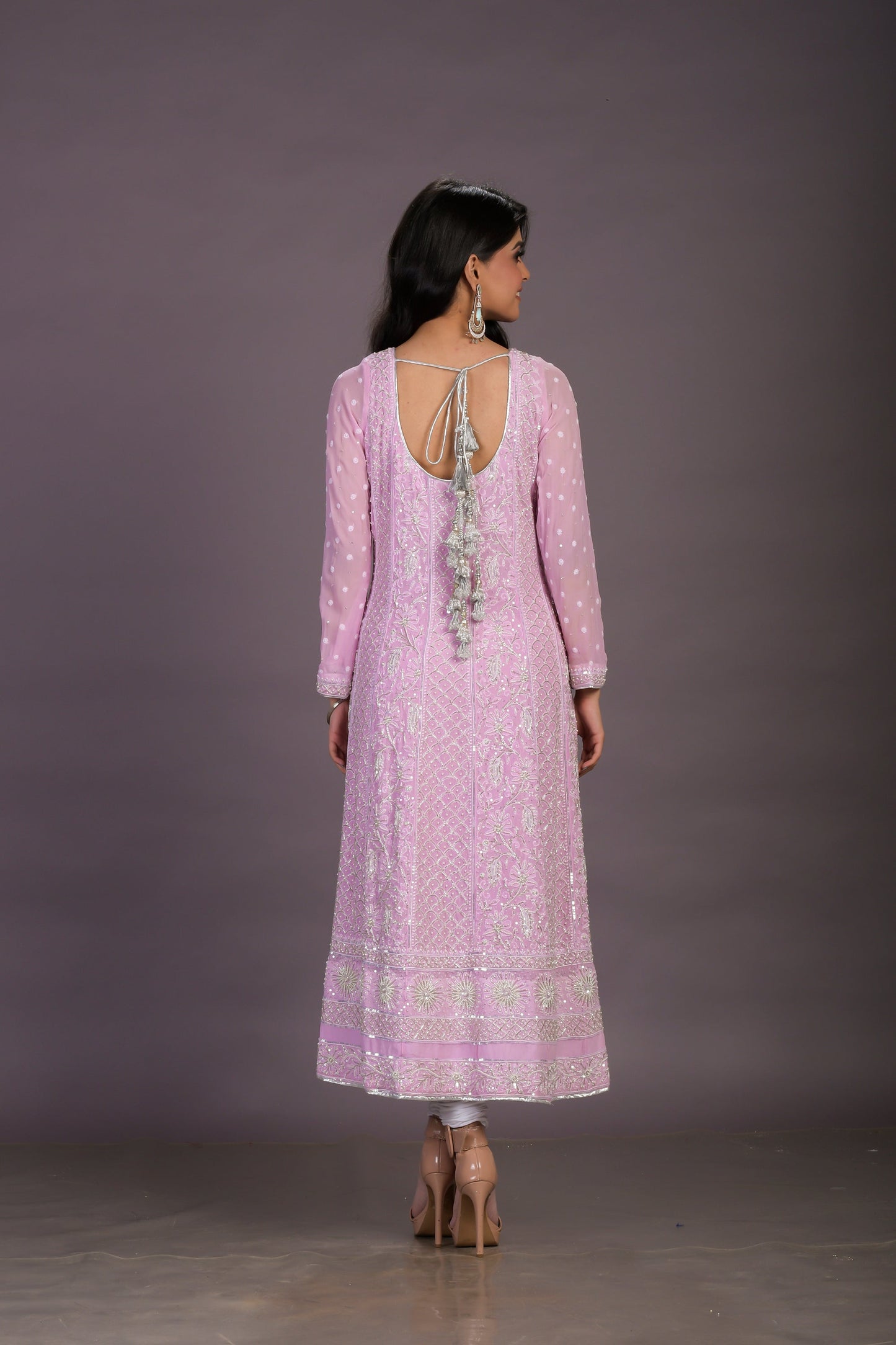 Purple Georgette Anarkali with White Sequins, Japanese Pearls