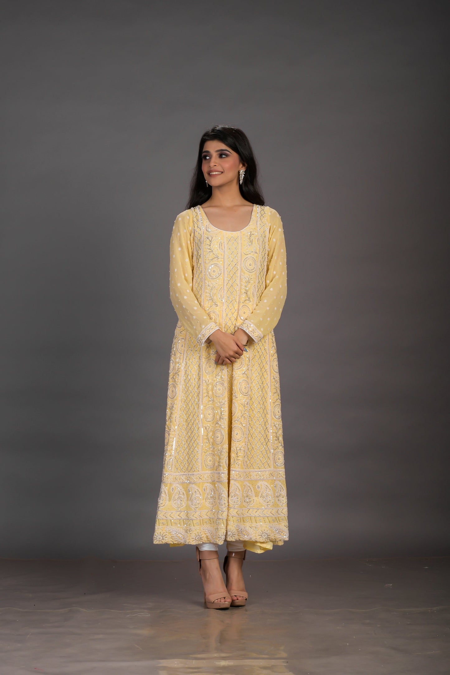 Yellow Anarkali with Silver Sequins, Bead Work