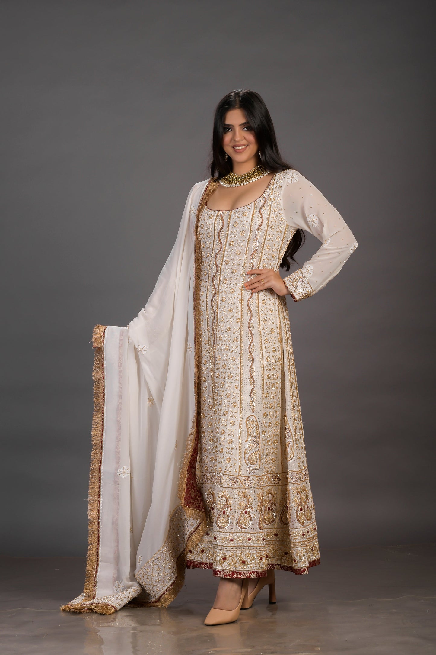 White Chikankari Georgette Anarkali With Traditional Prints