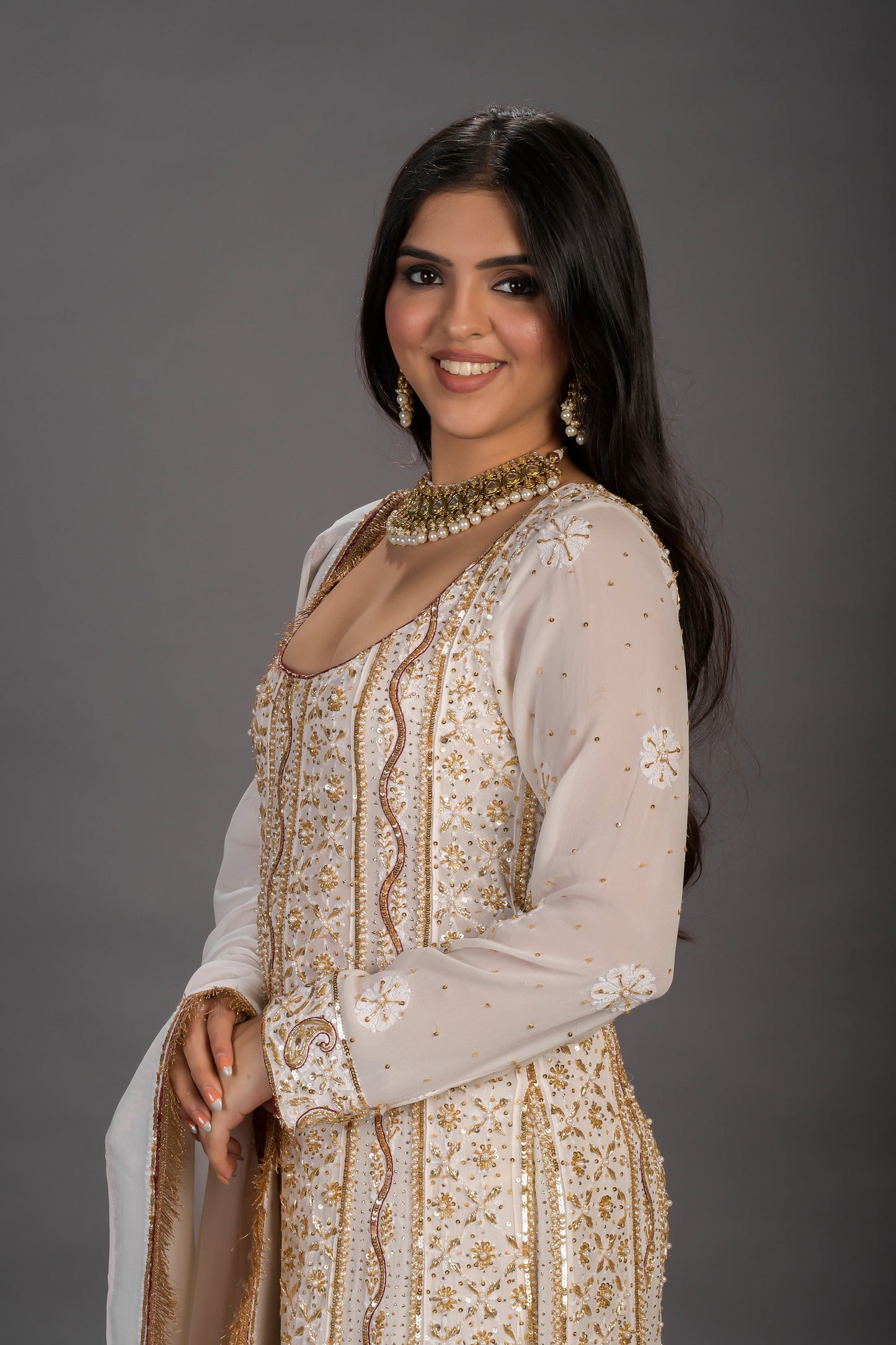 White Chikankari Georgette Anarkali With Traditional Prints