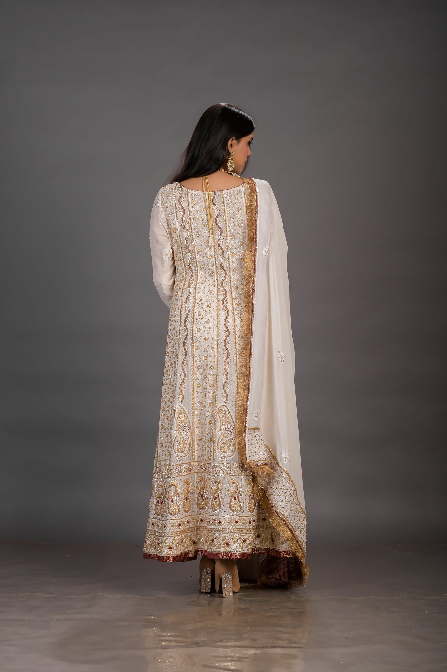 White Chikankari Georgette Anarkali With Traditional Prints