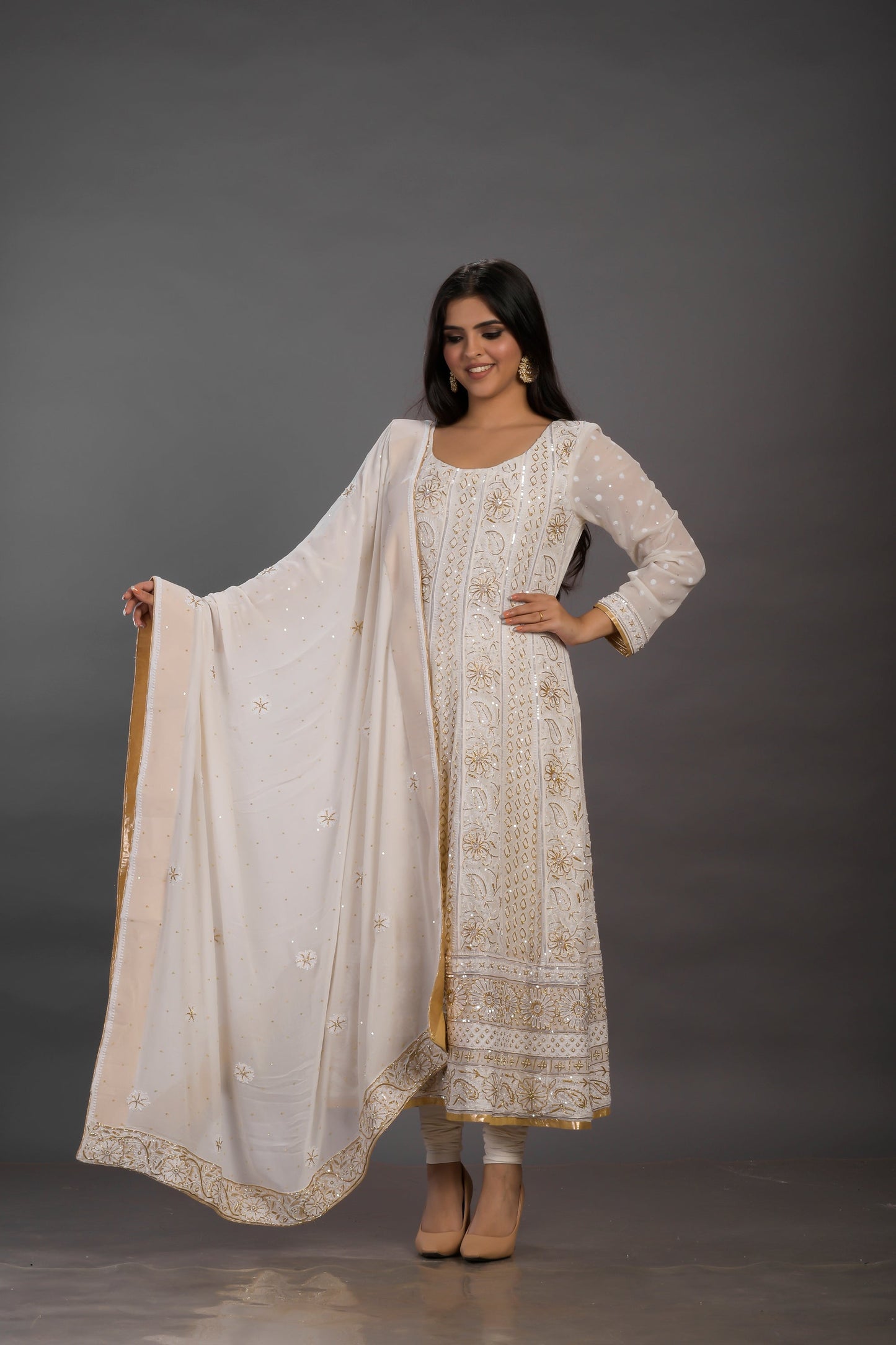 Cream Anarkali with Gold Sequins with Bead Work and Nakshi